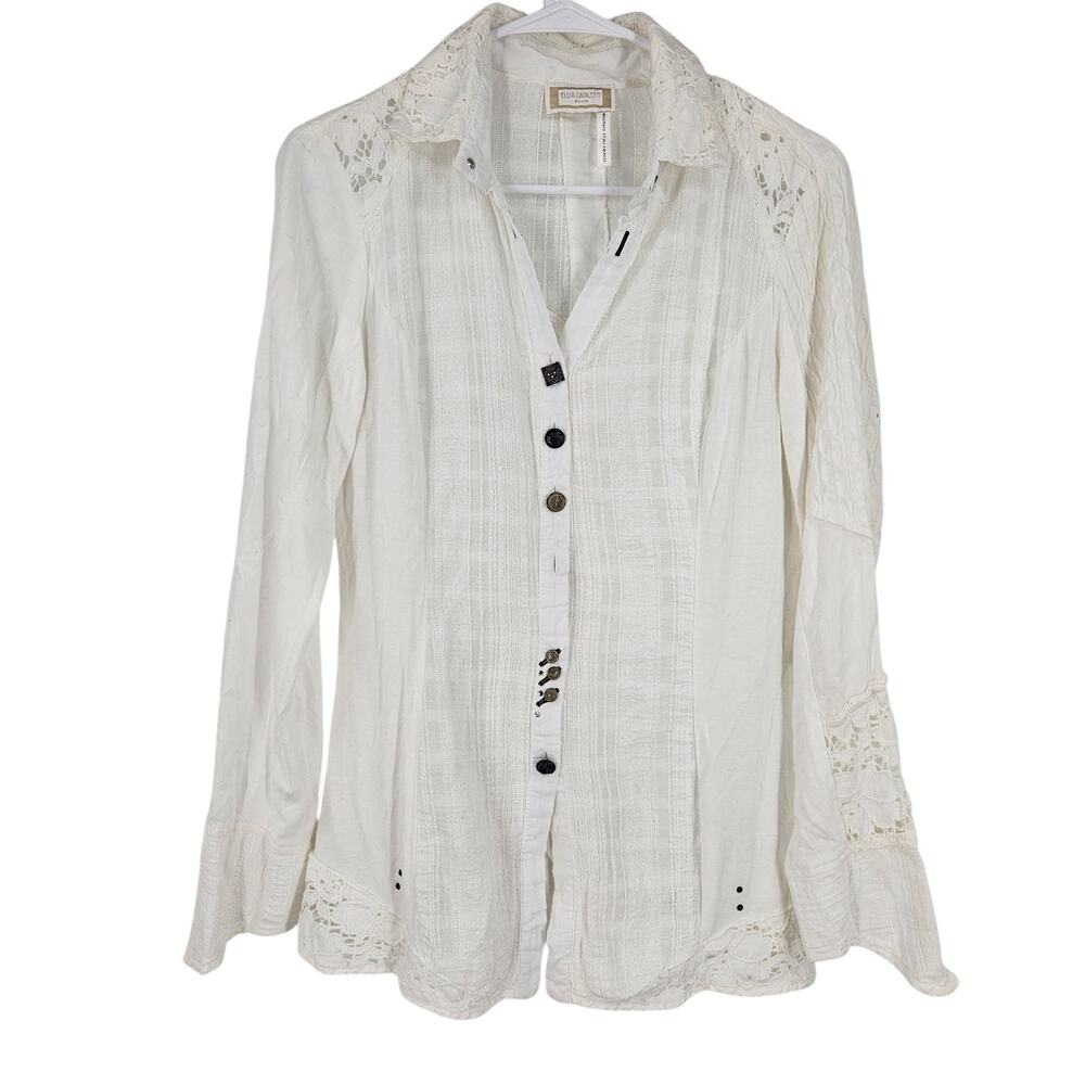 Elisa Cavaletti Club Shirt White Floral Lace Trim Button Down Long Sleeve Size M
